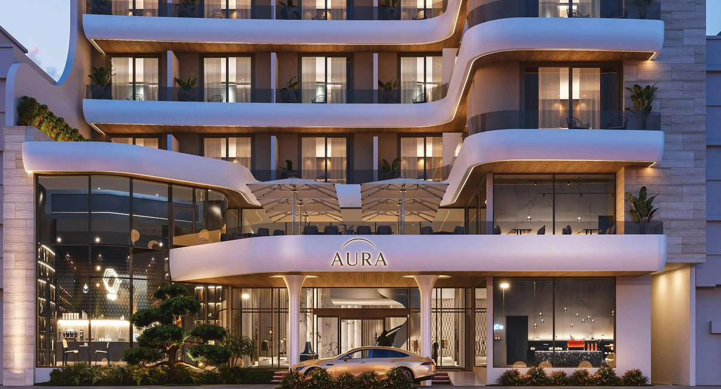 Hotel facade with curved white balconies and warm timber