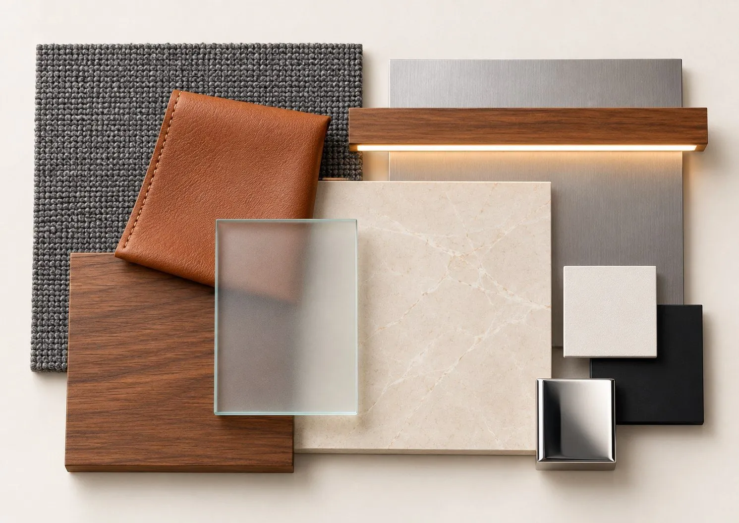 Material board with leather, timber, stone and fluted glass