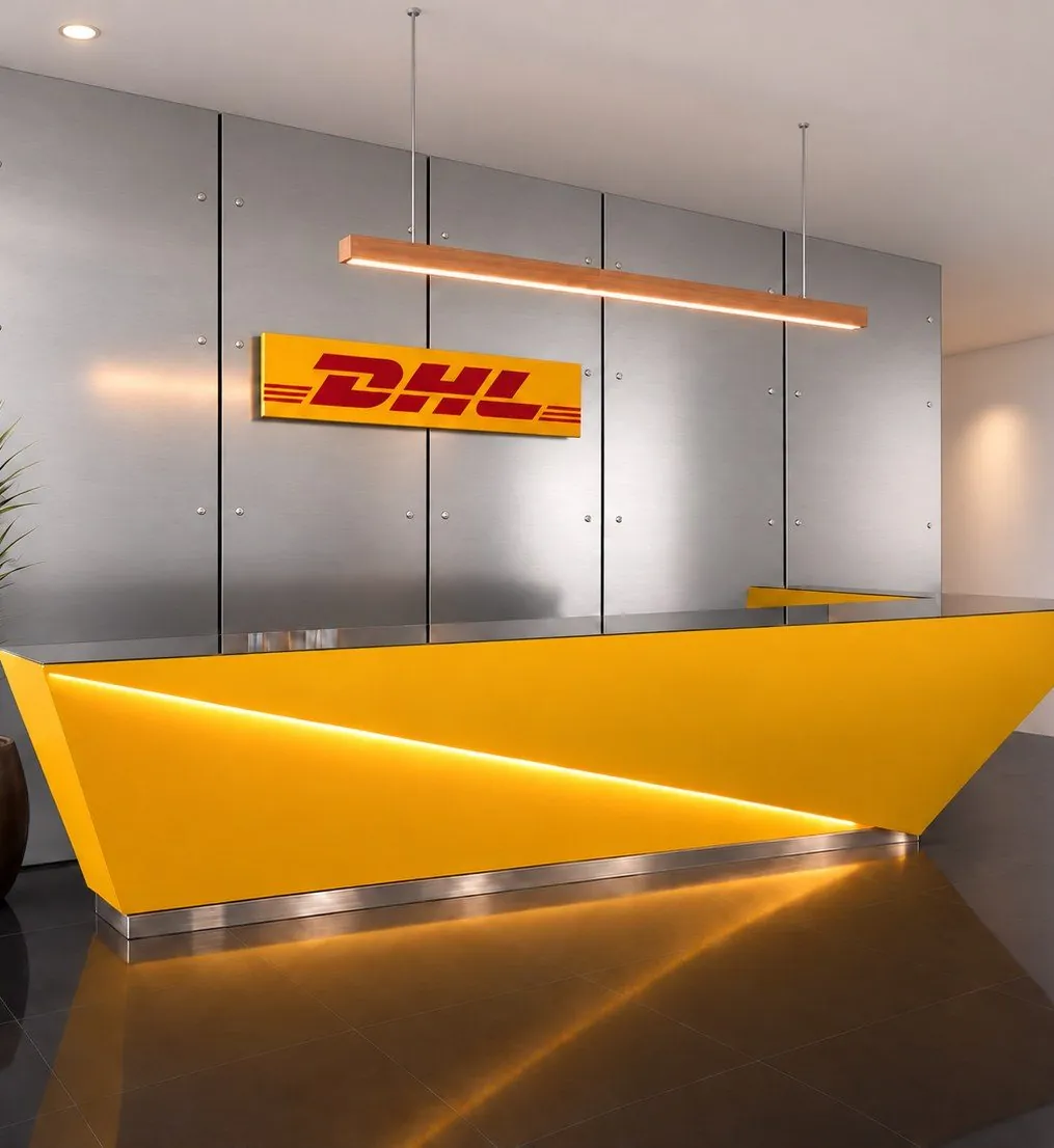 Yellow angular reception desk in front of a brushed metal wall