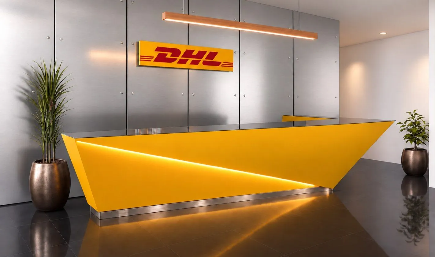 Reception with a linear pendant and planters