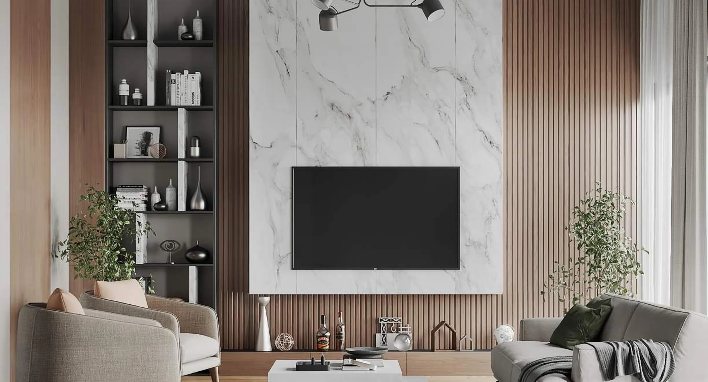 Family room with a marble TV wall and timber shelving