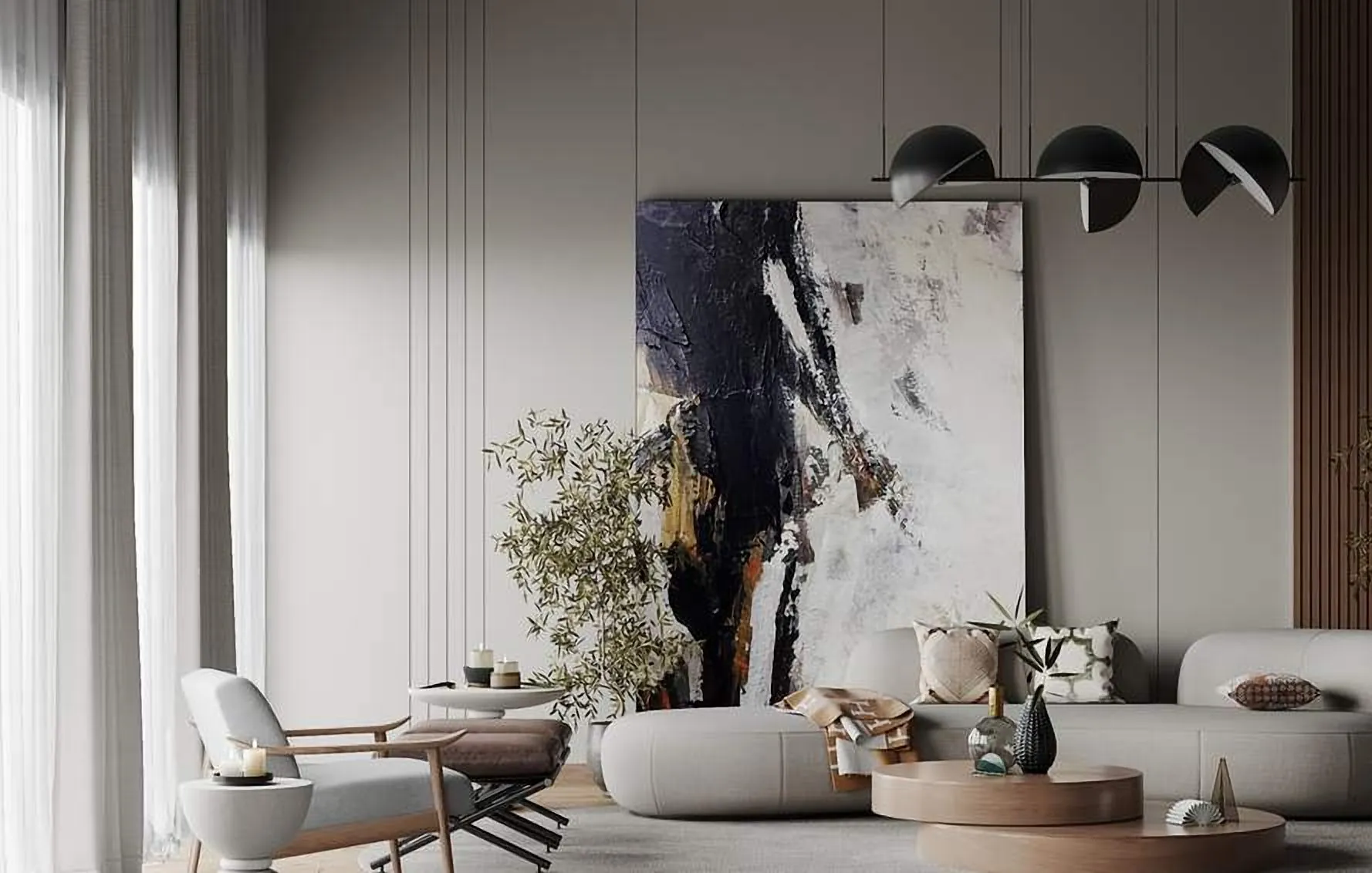 Living room with a marble art wall and black pendants