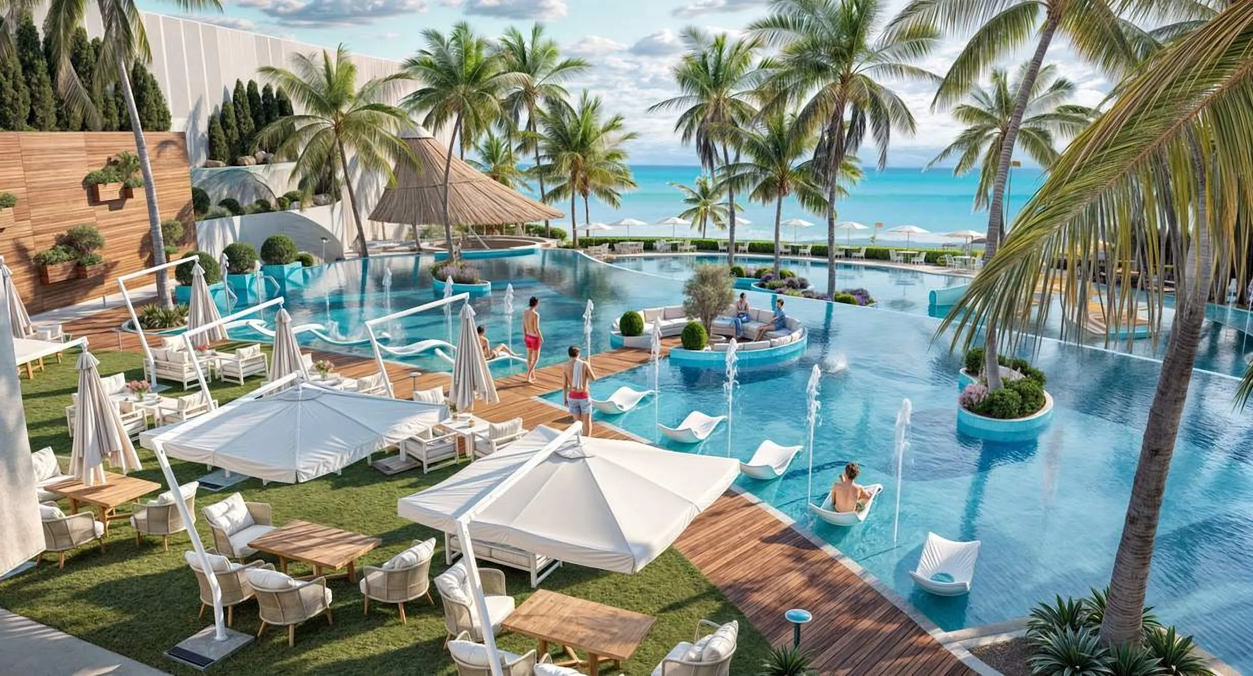 Cascading pools with planted islands by the sea