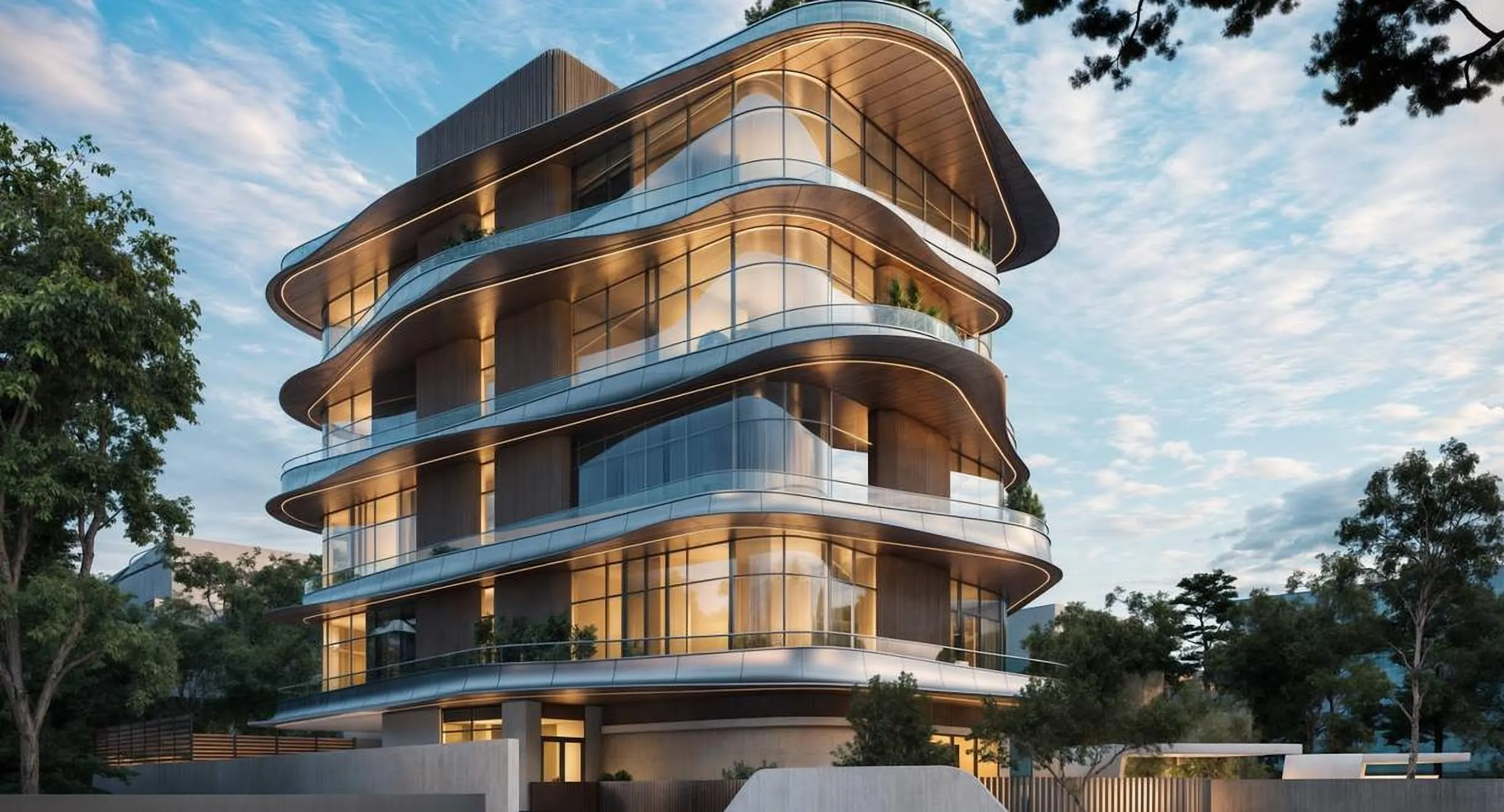 Curving multistorey building with stacked white floor plates among trees