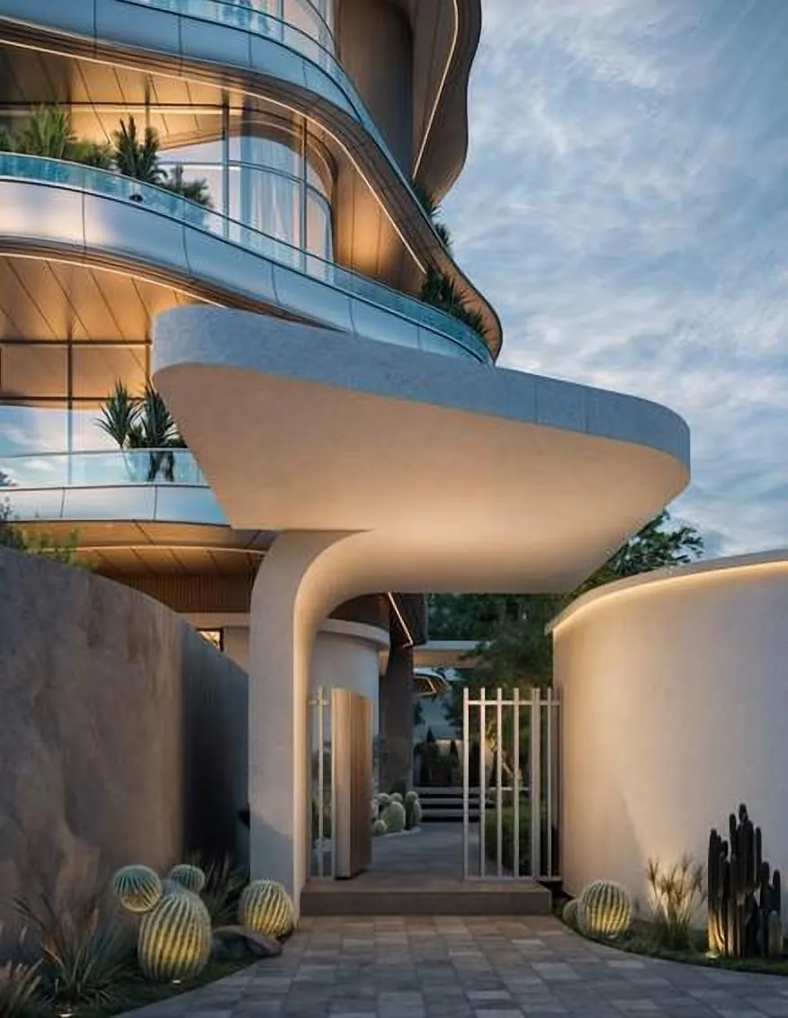 Entrance between curved walls and planting