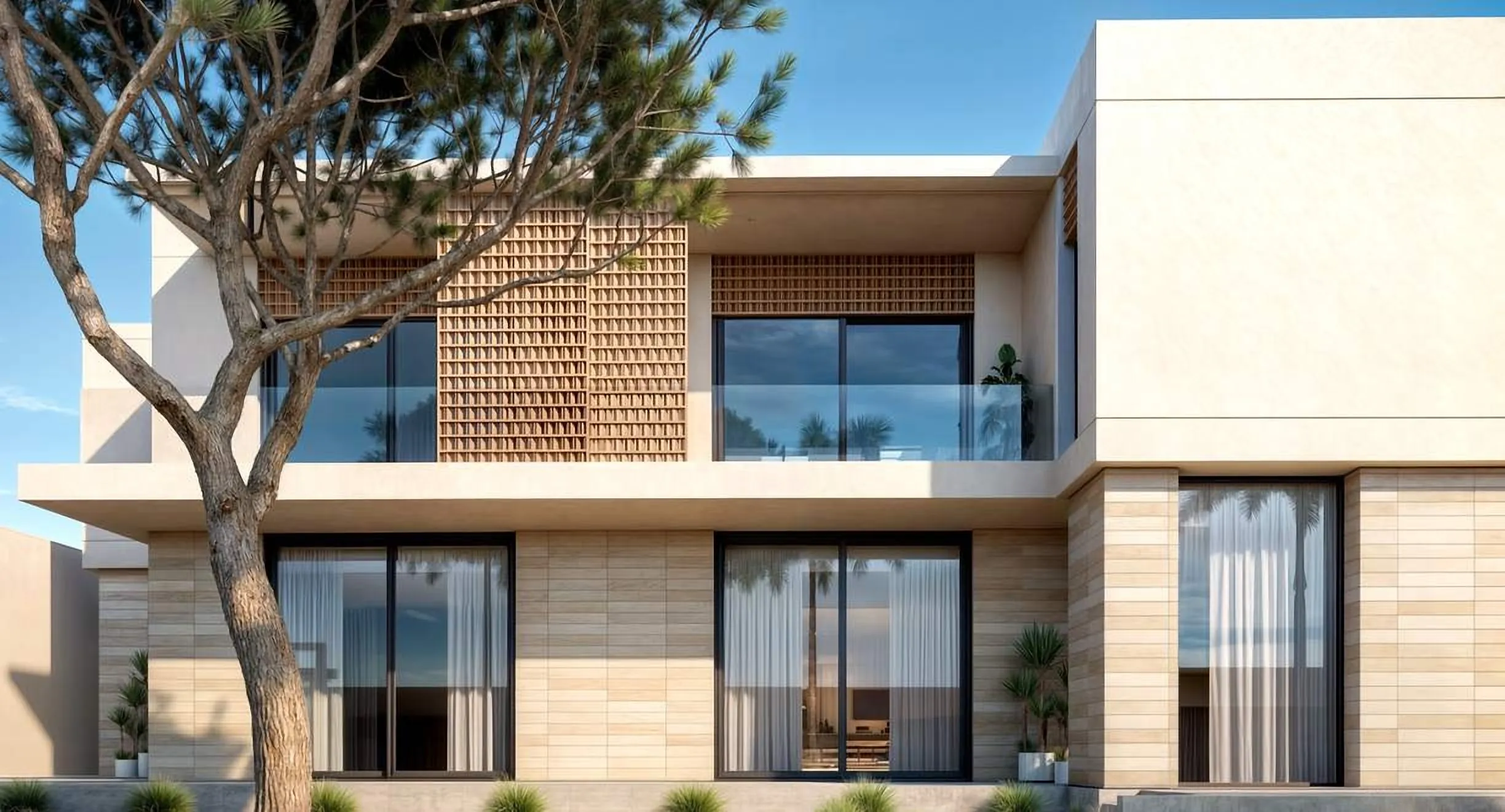 Two-storey white villa with a timber screen and palms