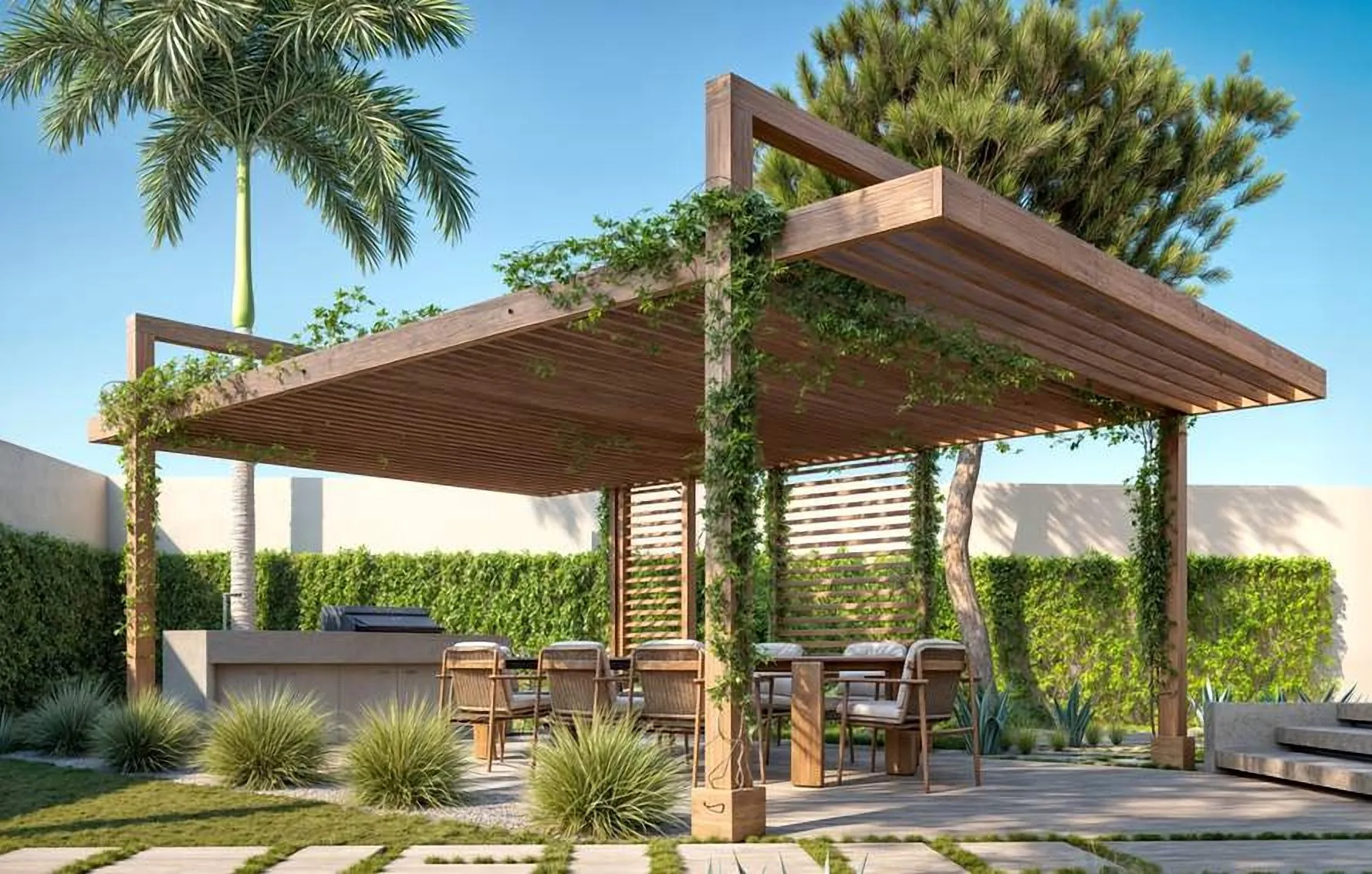 Timber pergola over an outdoor kitchen in the garden