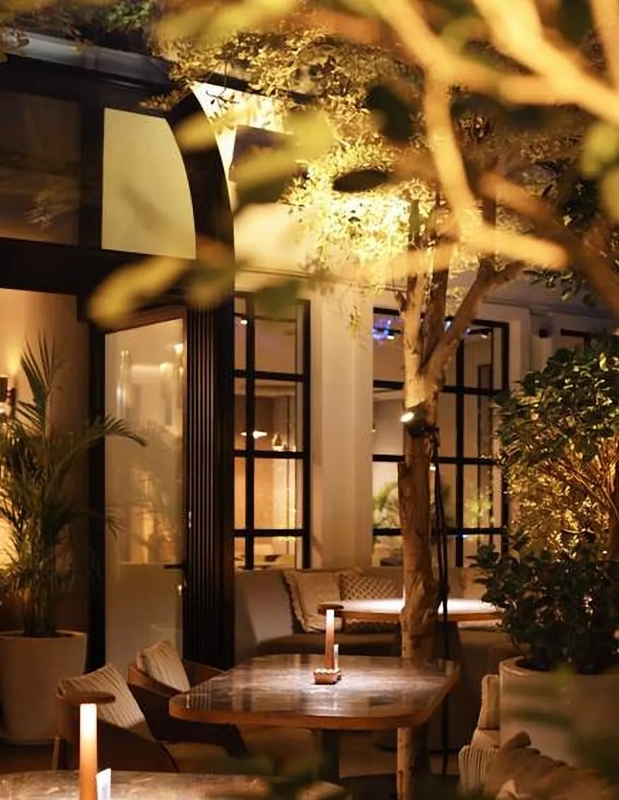 Candlelit table among trees and steel glazing