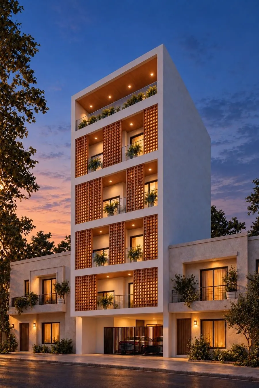 Narrow residential building with terracotta lattice screens at dusk