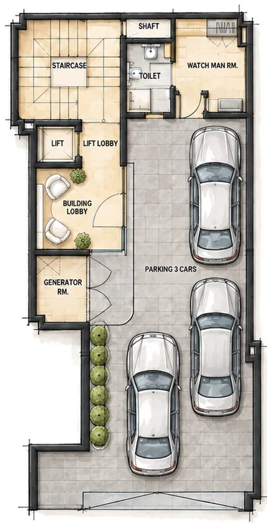 Ground floor plan with parking for three cars