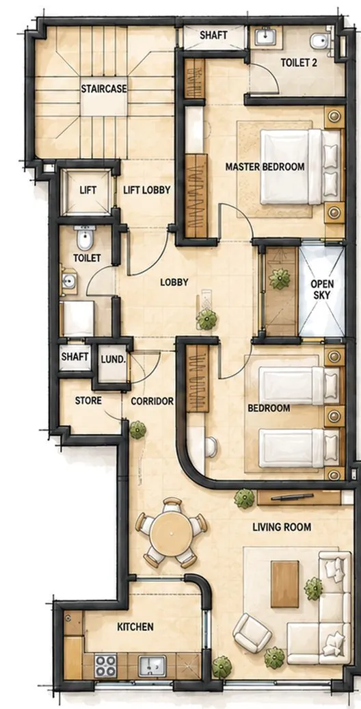 Typical floor plan of a two-bedroom flat around a light well