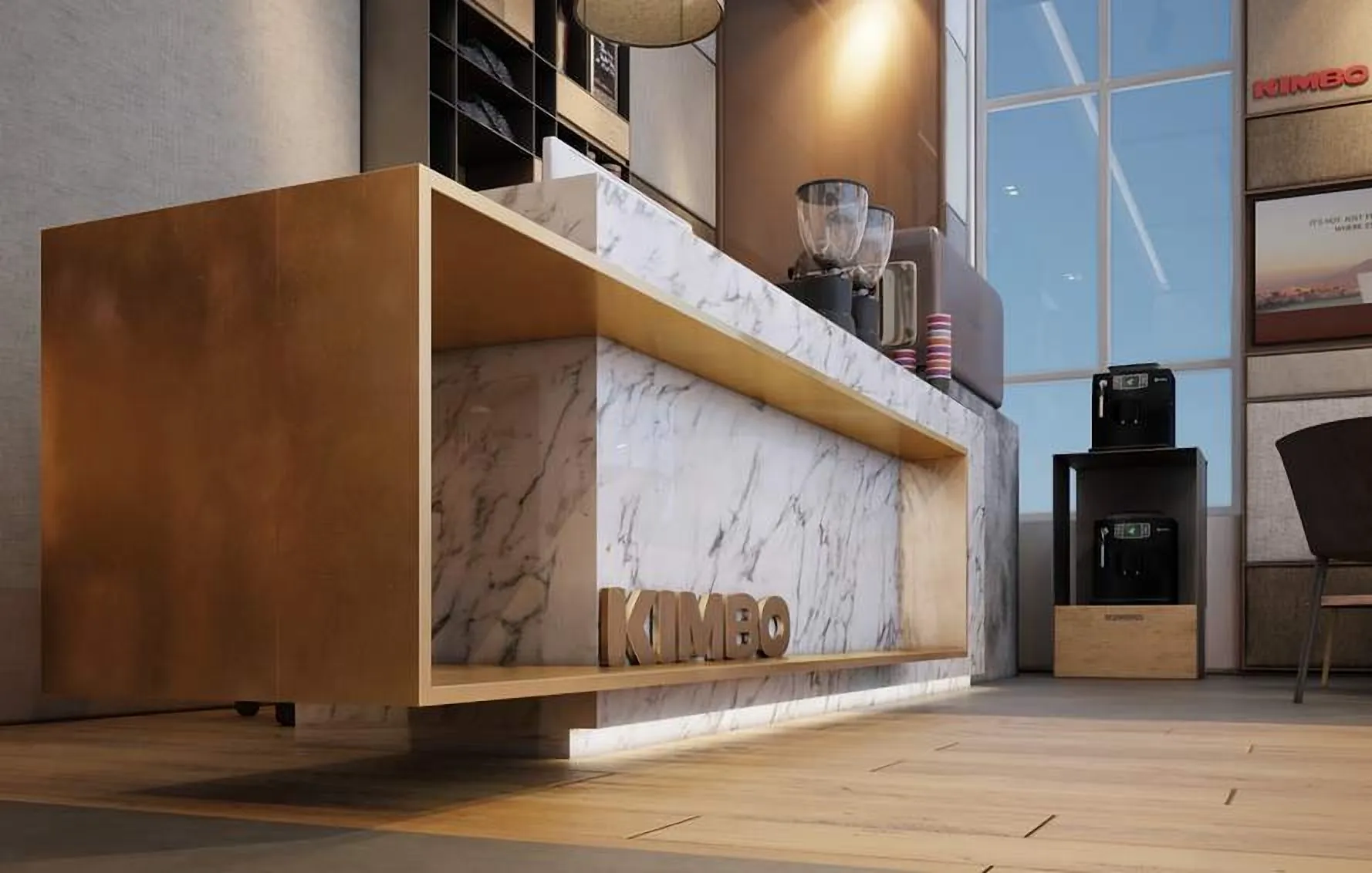 Marble and timber coffee counter with brand lettering