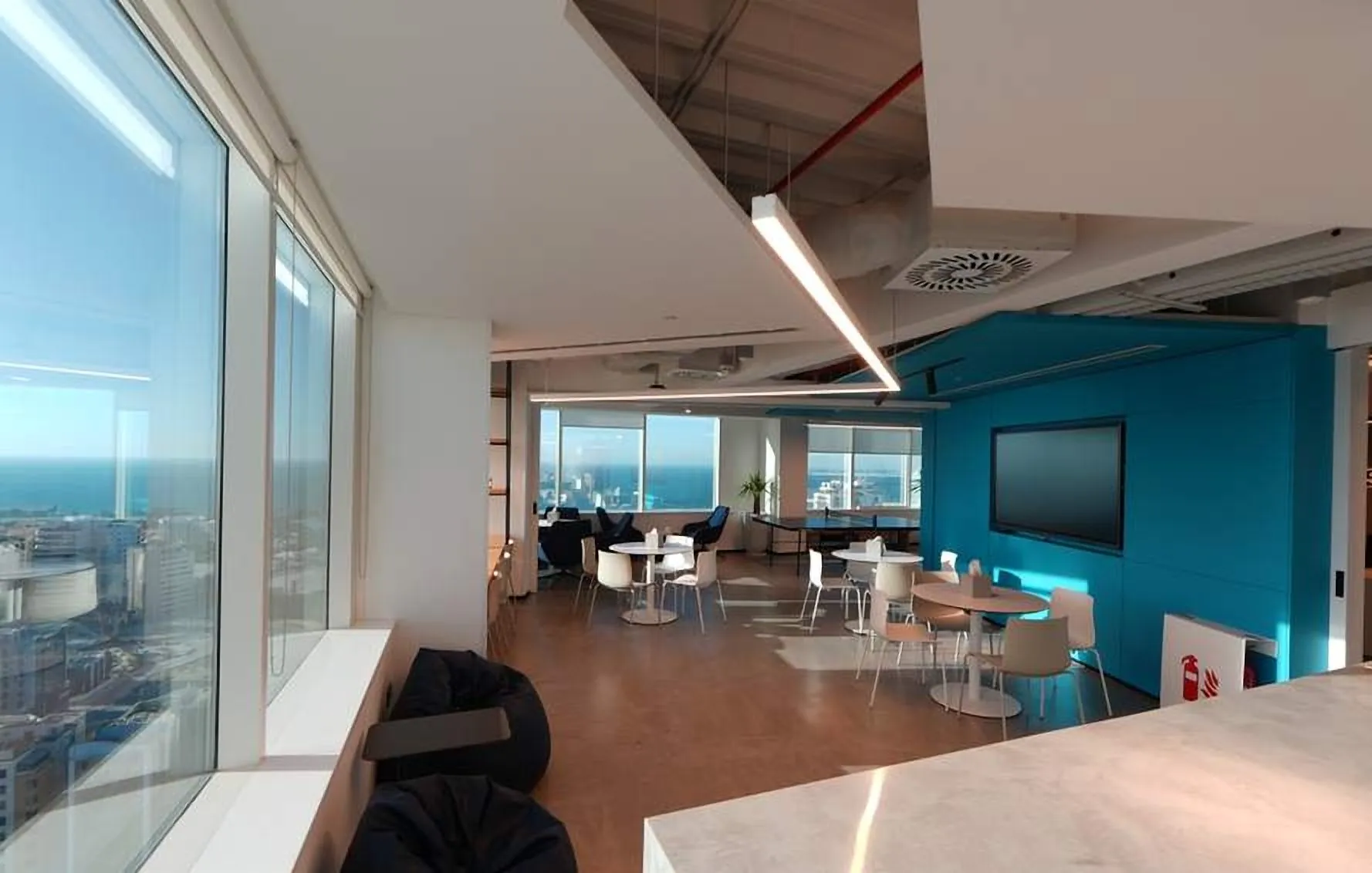 Open office with a blue feature wall and sea views