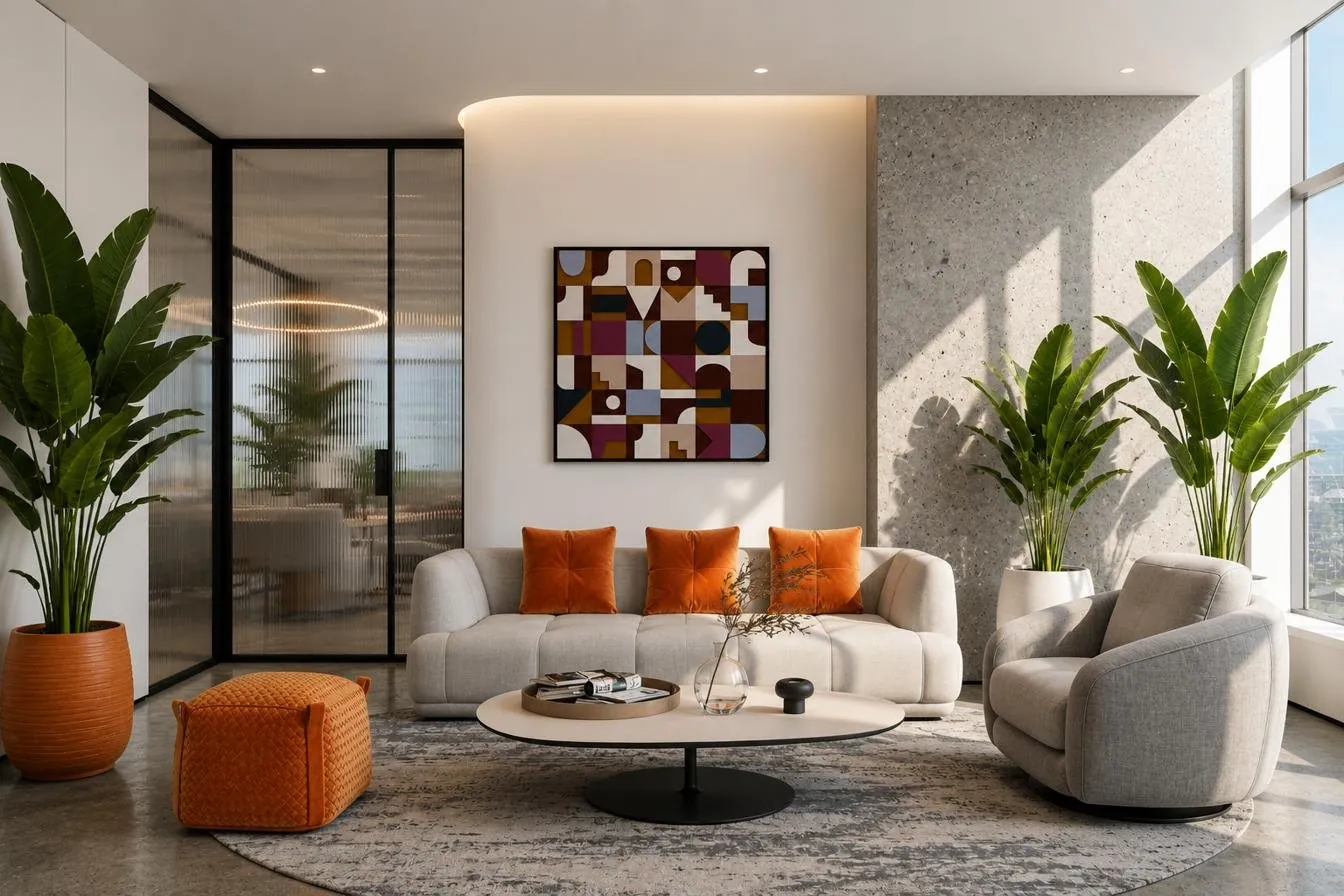 Break area with sofa and orange cushions