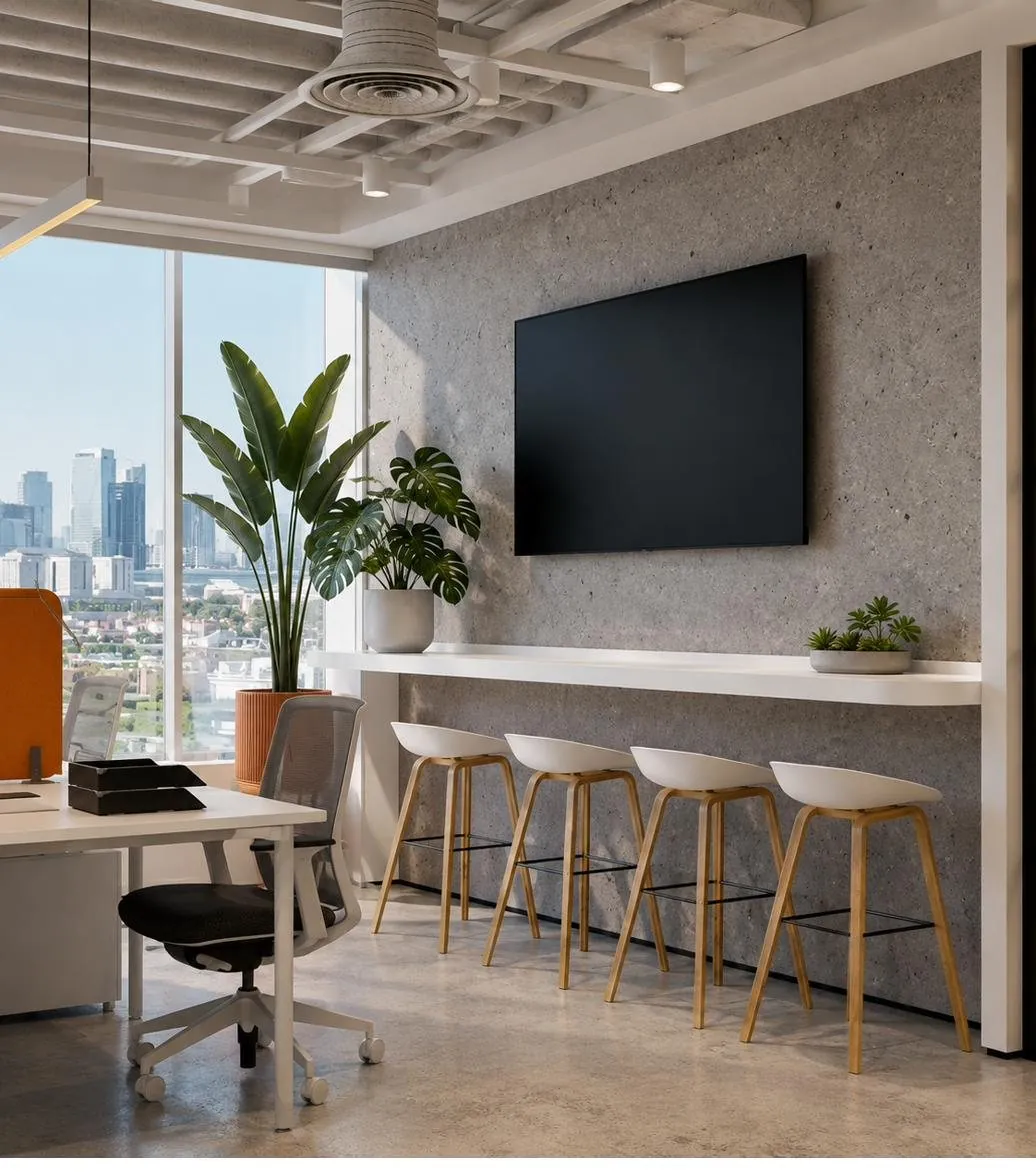 Standing counter with stools facing a media wall