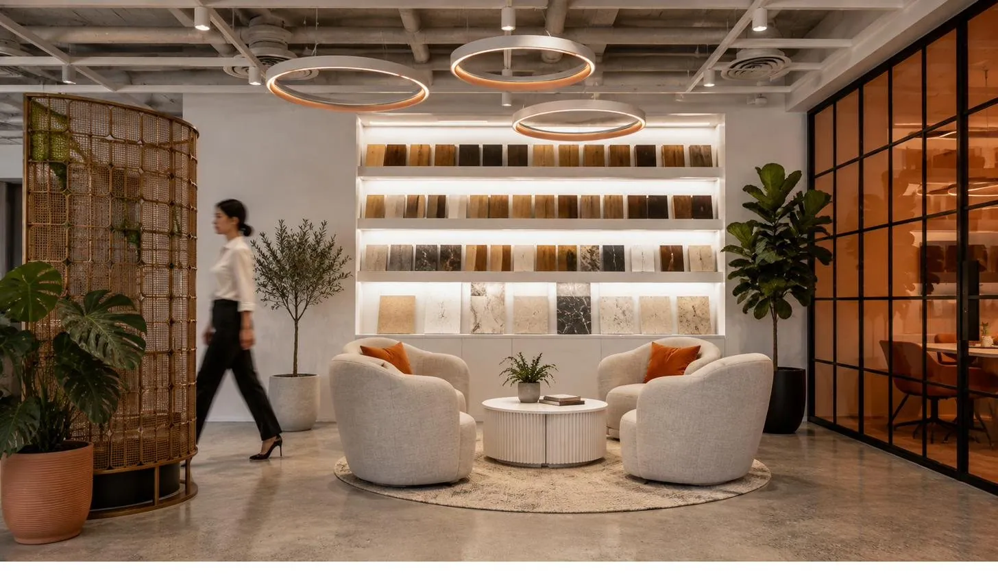 Client lounge in front of a backlit materials wall