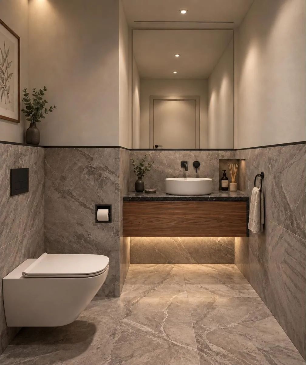 Washroom with walnut vanity and stone-effect tiles
