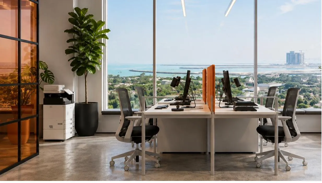 Window workstations with orange desk dividers