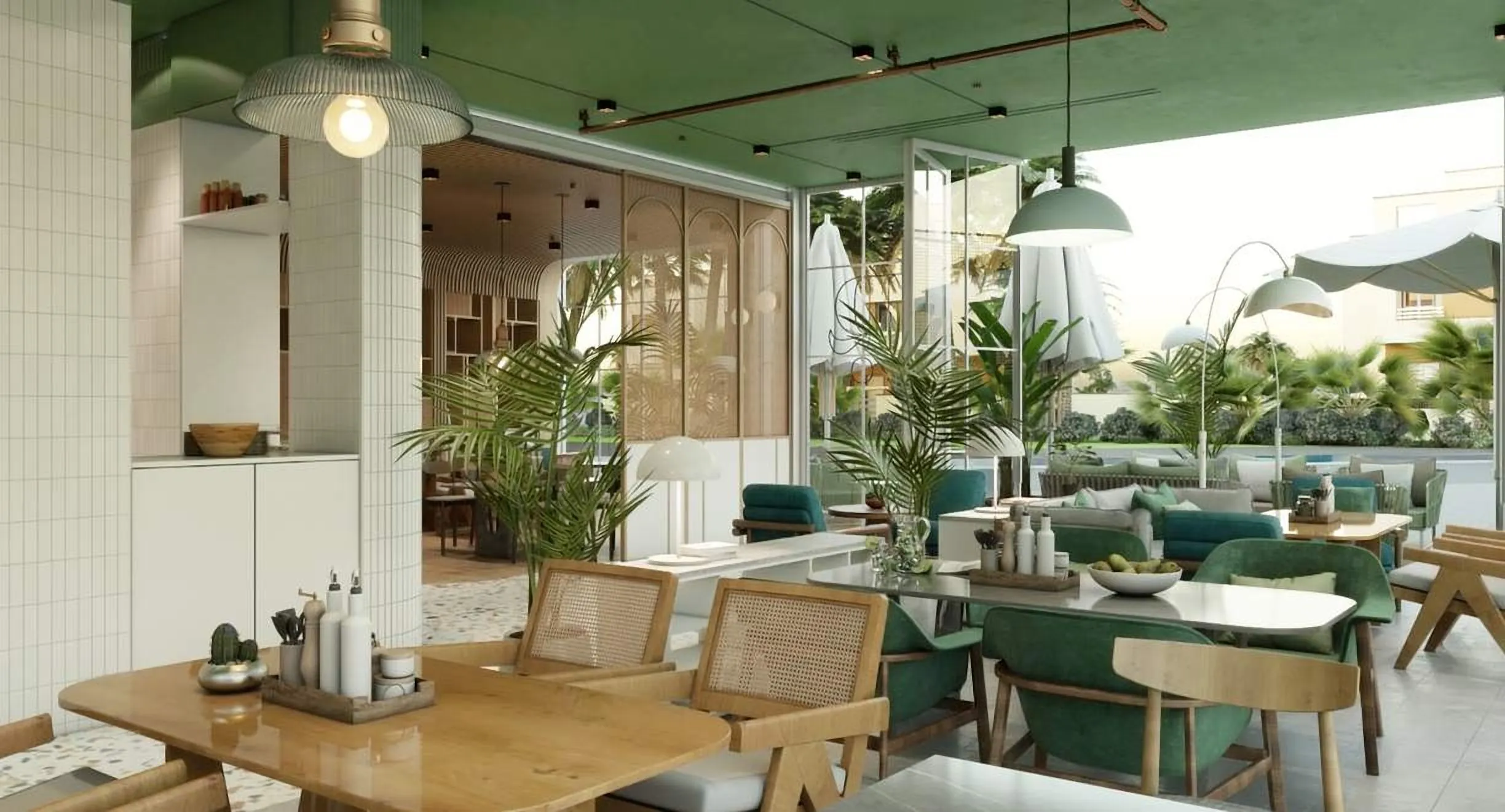 Café with walnut tables, rattan chairs and a terrace beyond