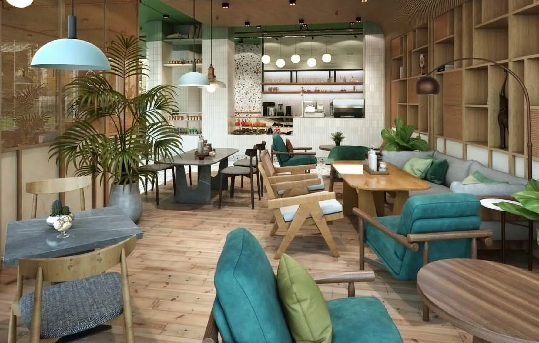 Lounge seating in teal under pendant lamps