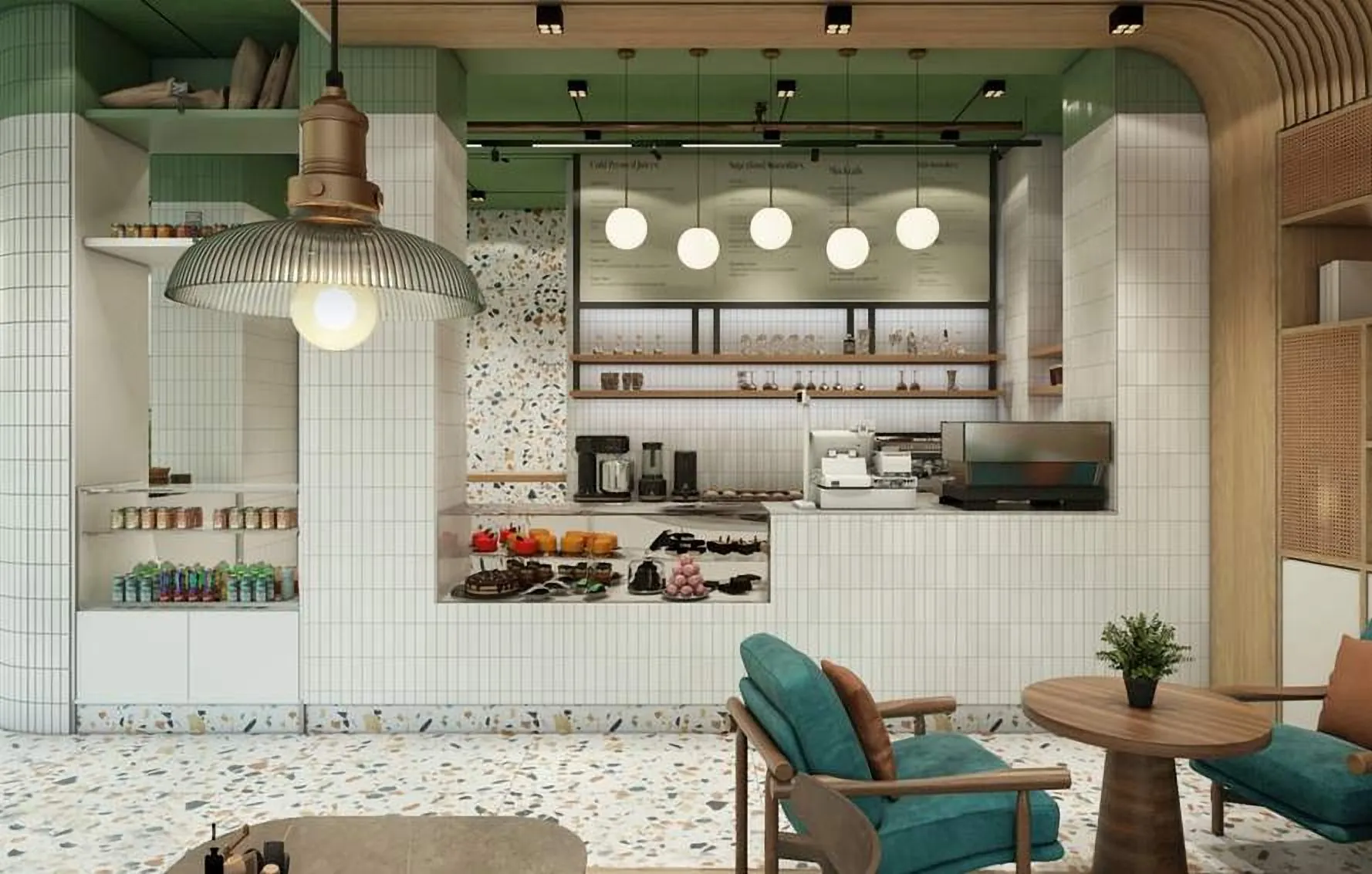 White tiled counter with globe pendants