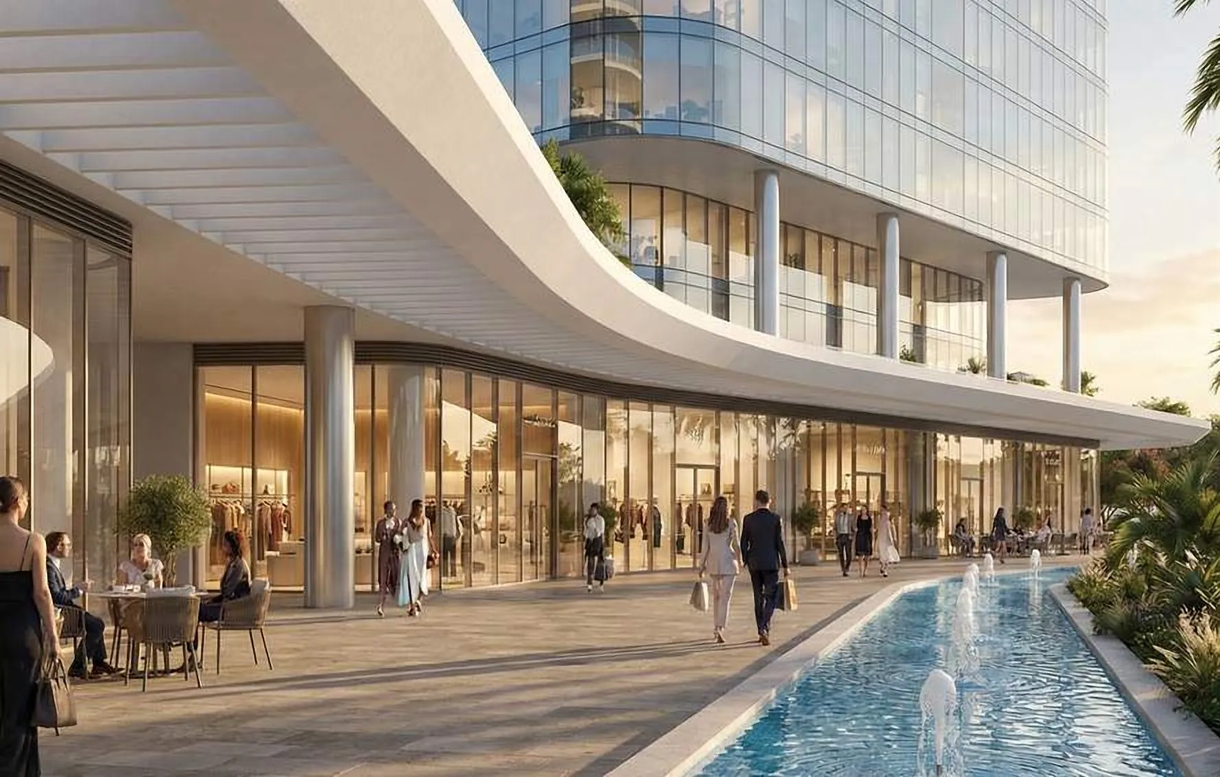 Shaded promenade with a reflecting channel and shopfronts