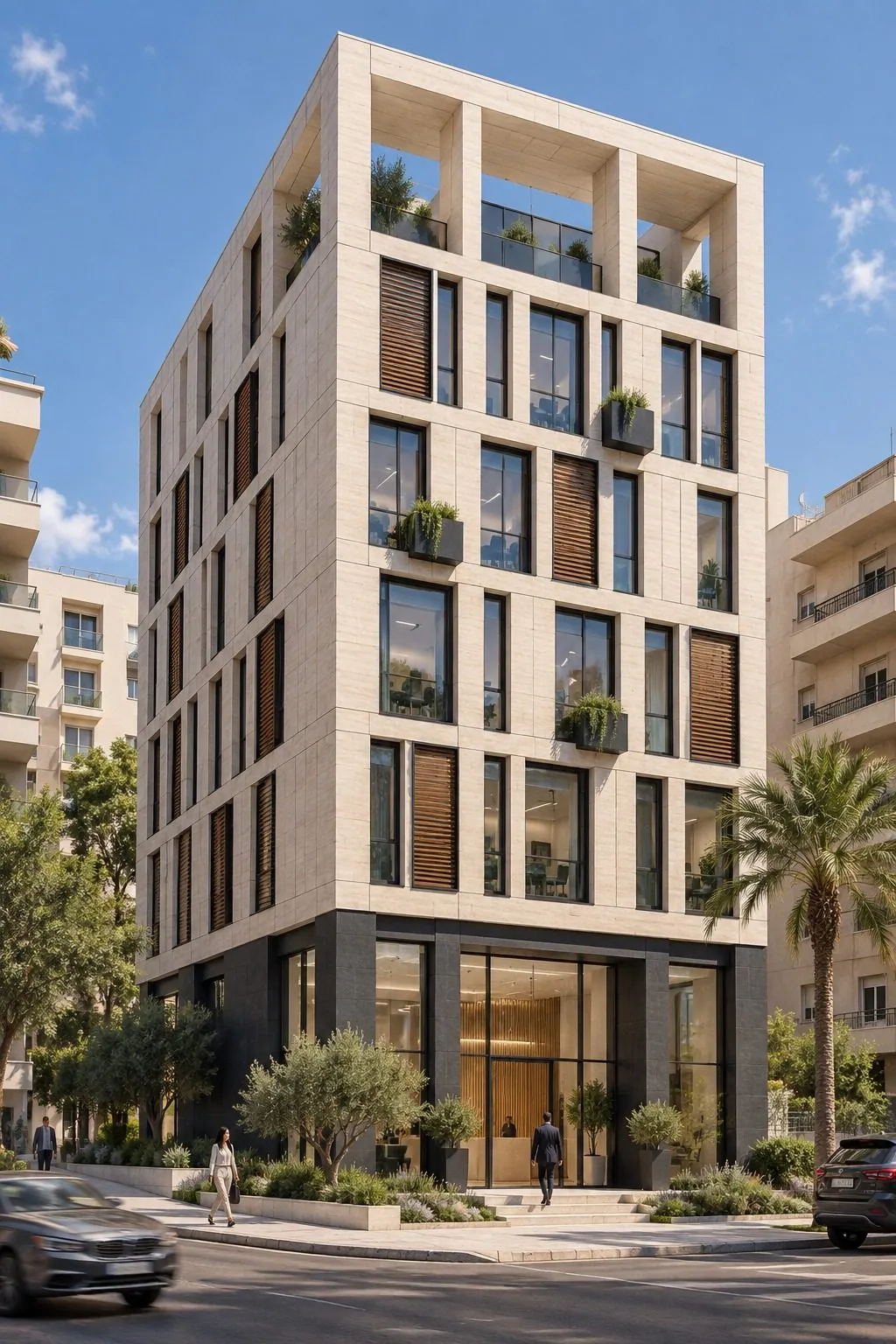 Office building facade with louvres and planted terraces