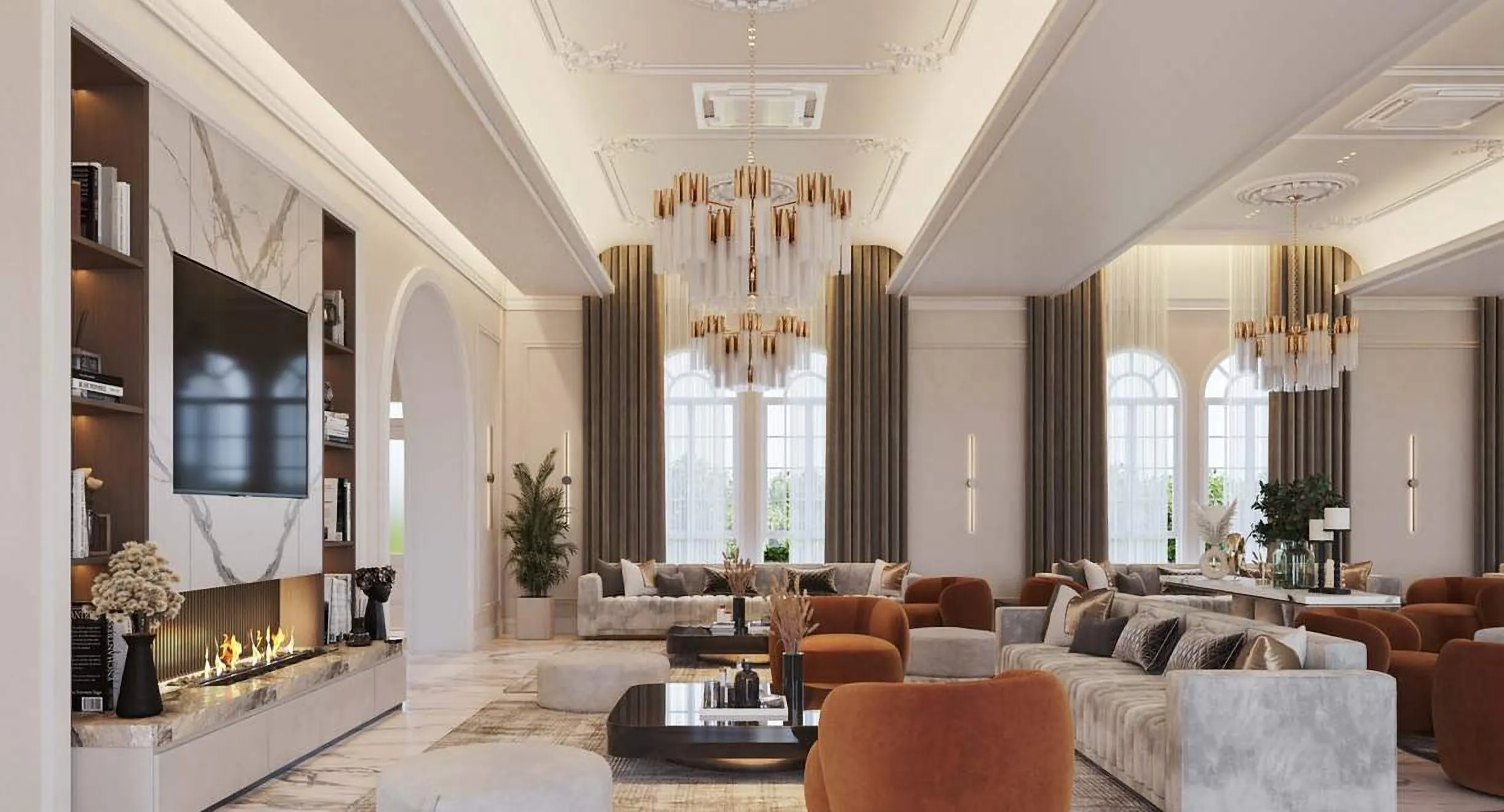 Double-height living room with arched windows and a crystal chandelier