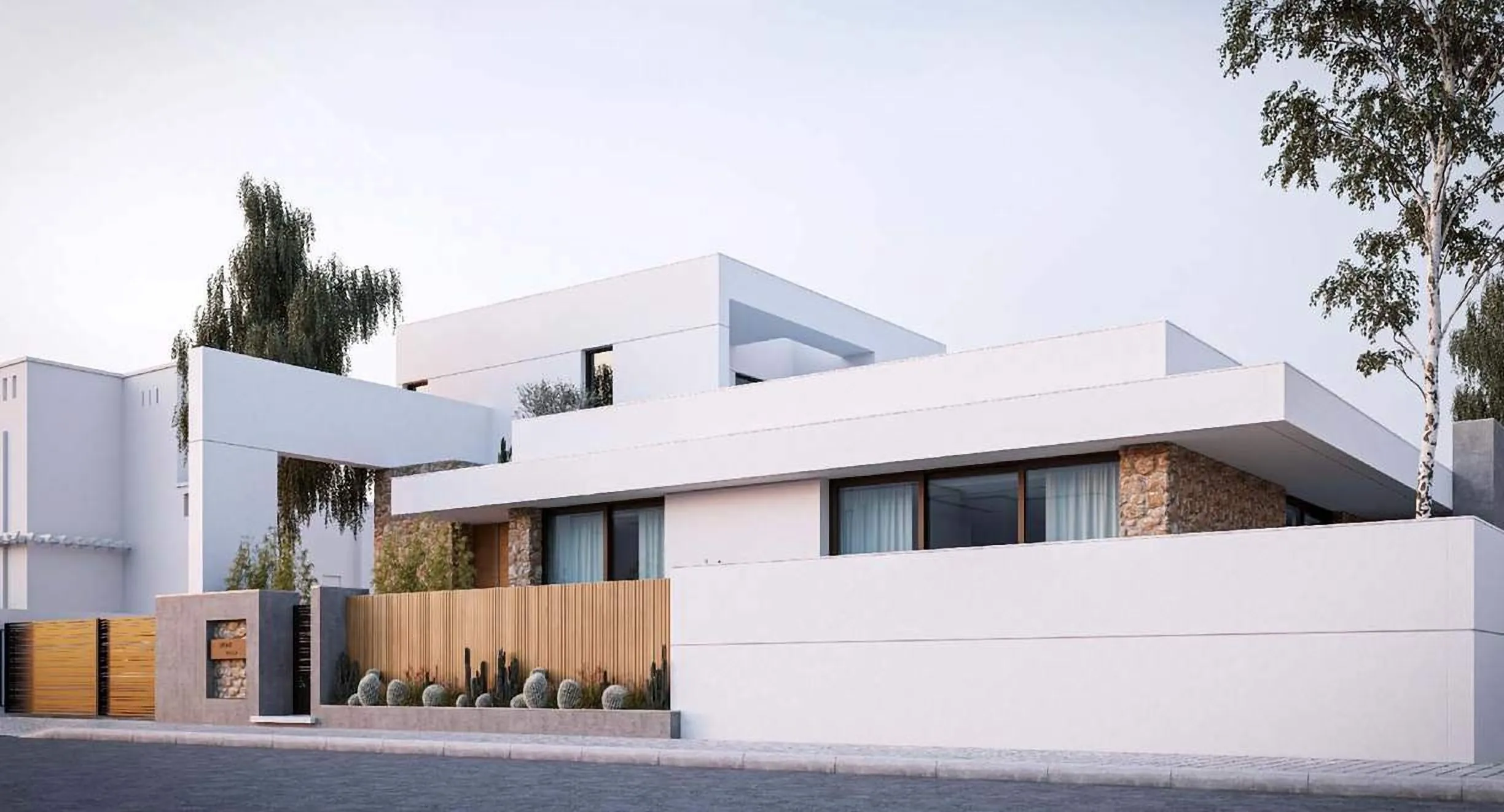 Low white villa volumes behind a timber-slatted boundary